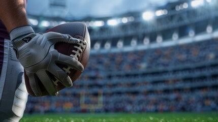 Close-up Shot of an American Ball Standing on a Stadium Field Held, Professional player is holding the ball on grass.