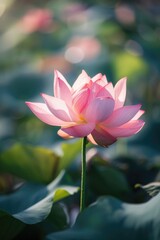 Obraz premium A beautiful pink lotus flower in full bloom, standing out against a blurred background of green leaves and soft light