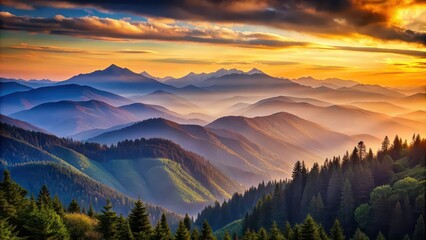 Obraz premium Tranquil layered mountain landscape at sunset with various shades creating depth and a calm ambiance , mountains, fog, tranquil