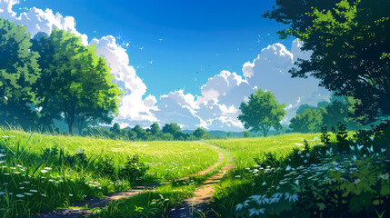 landscape  green field and tree style art anime