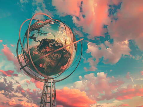 Gleaming Unisphere Reaches for the Futuristic Skies Amidst Vibrant Reflections and Clouds