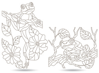 Set of contour illustrations of stained glass frogs sitting on tree branches, dark contours on a white background