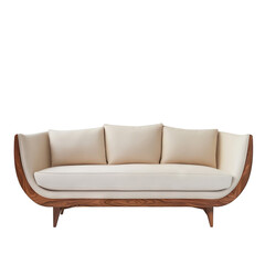 Fototapeta premium Elegant modern sofa with cushioned seating and wooden frame, perfect for stylish and comfortable living room decor.