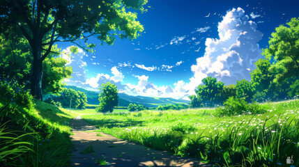 landscape  green field and tree style art anime