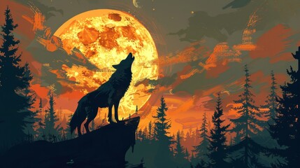 Wolf Howling at the Moon in a Forest.