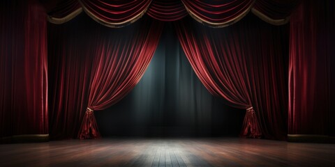Elegant red theater stage with spotlight on dark wooden floorboards