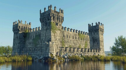 Obraz premium A medieval castle keep surrounded by a moat, its stone walls adorned with battlements and arrow slits, under a clear blue sky.