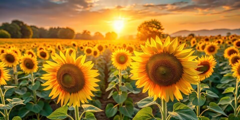 Obraz premium Vibrant sunflower field at sunrise with golden petals glistening in the sunlight , nature, flowers, rural, morning