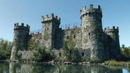 A medieval castle keep surrounded by a moat, its stone walls adorned with battlements and arrow slits, under a clear blue sky.