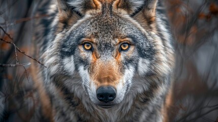 Fototapeta premium Wolf Close-Up Portrait in the Forest.