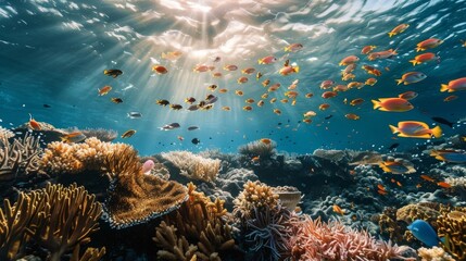Underwater Coral Reef with Sunbeams and Fish.