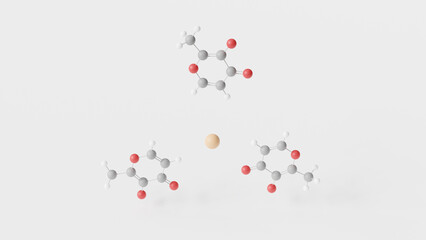 ferric maltol molecule 3d, molecular structure, ball and stick model, structural chemical formula accrufer
