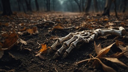 A skeleton hand lying on the forest floor among fallen leaves, creating a spooky and mysterious atmosphere.
