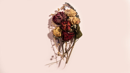 bouquet of withered roses on a pink background
