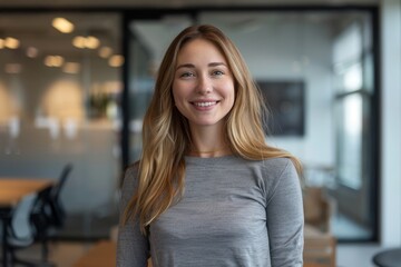 Fototapeta premium Portrait of a happy woman in her 30s sporting a long-sleeved thermal undershirt in front of sophisticated corporate office background