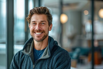 Obraz premium Portrait of a happy man in his 30s dressed in a comfy fleece pullover isolated in sophisticated corporate office background