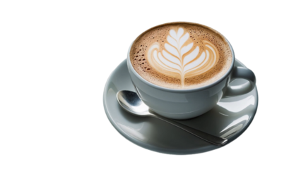 Coffee latte with a silver spoon on the saucer, isolated on white background