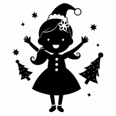 Christmas Cute Kid Girl black vector silhouette
