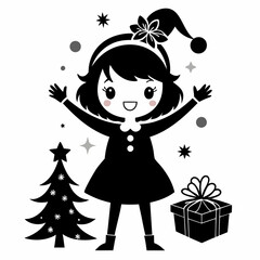 Christmas Cute Kid Girl black vector silhouette