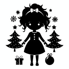 Christmas Cute Kid Girl black vector silhouette © koushik