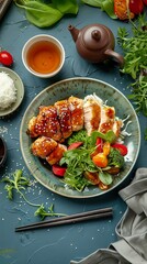 Teriyaki chicken meal with tea set on colorful background