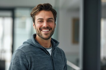 Obraz premium Portrait of a happy man in his 30s dressed in a comfy fleece pullover isolated in sophisticated corporate office background