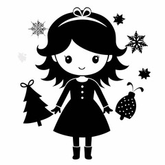 Christmas Cute Kid Girl black vector silhouette