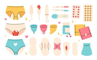 Feminine flat hygiene set. Menstrual period concept. Menstrual cup, tampons, panties, sanitary napkin and pills. Cartoon vector illustration.