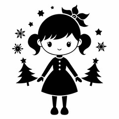 Christmas Cute Kid Girl black vector silhouette