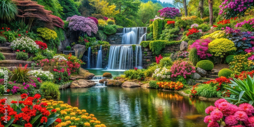 Wall mural Vibrant garden with colorful flowers, lush greenery, and an elaborate waterfall , Garden, vibrant, colorful, flowers