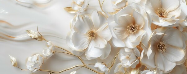 Illustration of a number of white flowers with gold patterns photographed on a white background