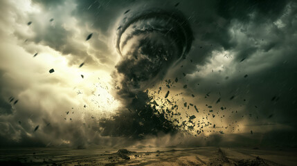 A powerful tornado spirals across an open field under a dramatic, stormy sky with vivid contrasts of sunlight and dark clouds, creating a sense of impending danger and raw natural force.