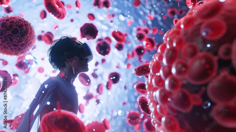 Poster a person wearing a virtual reality headset interacts with a digital simulation of blood cells, float