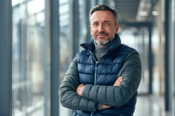 Fototapeta premium Portrait of a glad man in his 30s dressed in a thermal insulation vest in sophisticated corporate office background