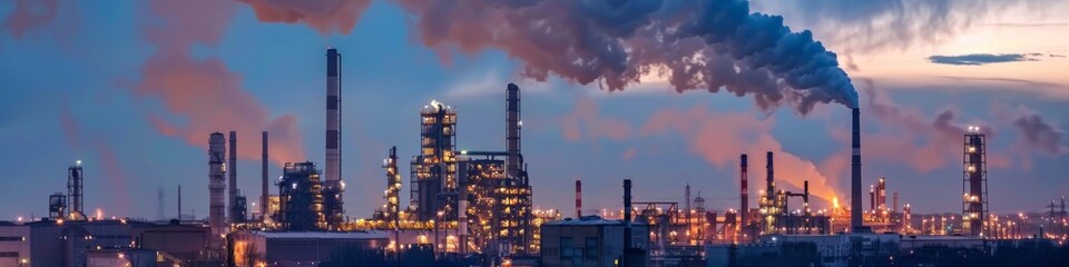 Fototapeta premium Majestic Industrial Factory Silhouetted Against Night Sky. Urban Coexistence and Industrialization Concepts