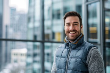 Fototapeta premium Portrait of a glad man in his 30s dressed in a thermal insulation vest over sophisticated corporate office background