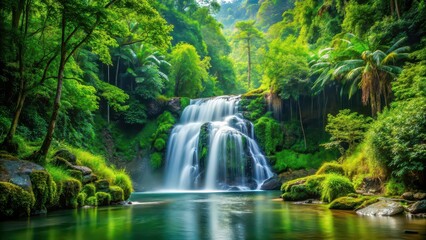 Fototapeta premium Waterfall cascading through lush green forest setting, waterfall, forest, nature, scenic, environment, serene, tranquil