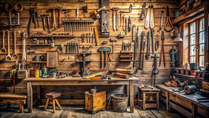 Vintage workshop with an array of old tools including hammers, saws, wrenches, and drills , Retro, vintage, workshop, tools