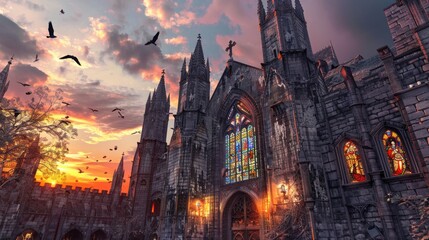 A medieval cathedral with flying buttresses and intricate stained glass windows, illuminated by the warm glow of sunset.