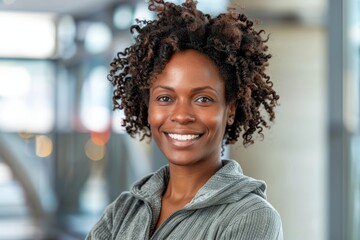 Obraz premium Portrait of a smiling afro-american woman in her 40s wearing a thermal fleece pullover over sophisticated corporate office background