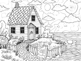 Obraz premium Coloring book, children, house in the forest, yard, lawn and flowers. Vector, generative ai.