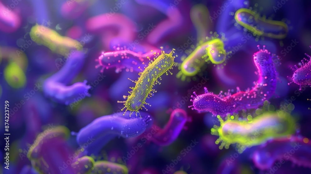 Poster a microscopic view of bacteria, showing their intricate shapes and colors. the bacteria are highligh