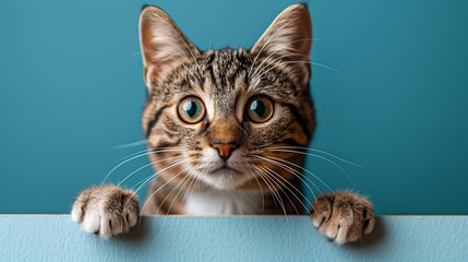 Tabby Cat Peeking Over Blue Surface
