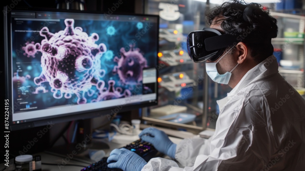 Poster A scientist wearing a face mask and VR headset is looking at a computer screen displaying a 3D model of a coronavirus.