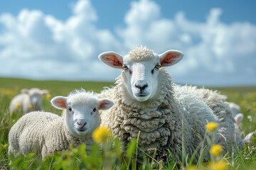 Obraz premium Springtime Grazing: Fluffy Sheep and Playful Lambs in a Lush Green Field