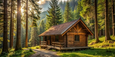 Wooden cabin nestled in a lush forest setting, cabin, wooden, house, forest, trees, nature, peaceful, tranquil, getaway, retreat