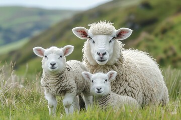 Fototapeta premium Springtime Grazing: Fluffy Sheep and Playful Lambs in a Lush Green Field