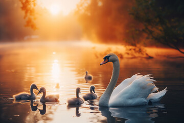 Fototapeta premium Swans swim in a quiet pond with some of their chicks at sunrise