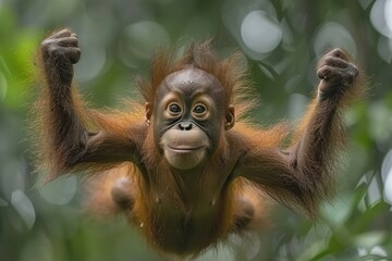 Naklejka premium Orangutan Swinging Through Borneo & Sumatra Rainforests: Iconic Symbol of Southeast Asia's Biodiversity