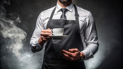 Waiter in sleek black apron stretching out a cup of steaming coffee, waiter, black apron, stretching, cup, coffee
